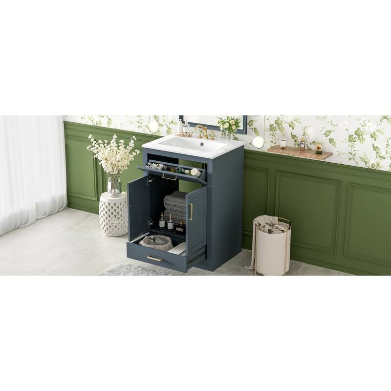 Roomfitters 24 Inch Bathroom Vanity with Integrated Ceramic Sink, Storage Cabinet & Tilt-Down Compartment