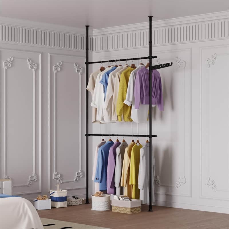 Metal Adjustable Height Clothing Hanging Rack - 6.8"D x 80.7"W x 122"H - Black-2 Tier