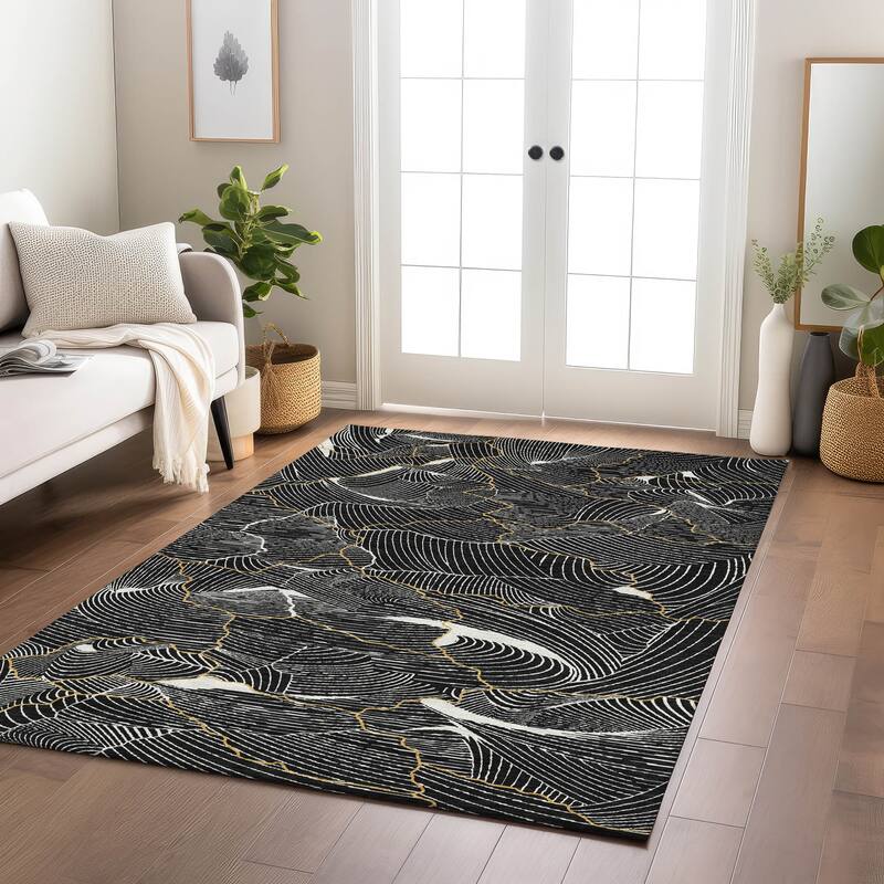 Machine Washable Indoor/ Outdoor Abstract Crackle Chantille Rug