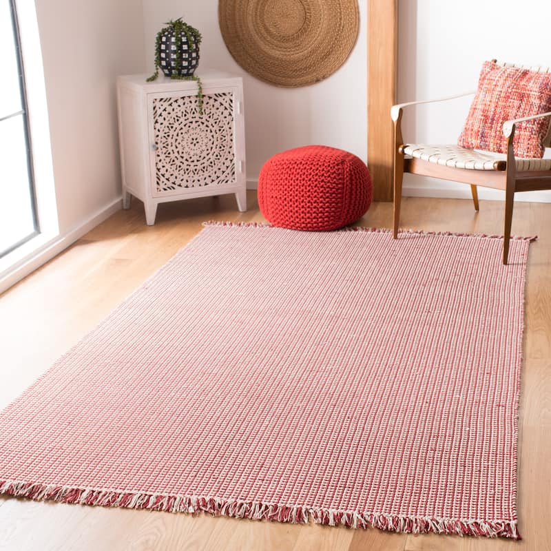 SAFAVIEH, Handmade Montauk Cliff Stripe Flatweave Cotton Fringe Rug - 4' x 6' - Ivory/Red