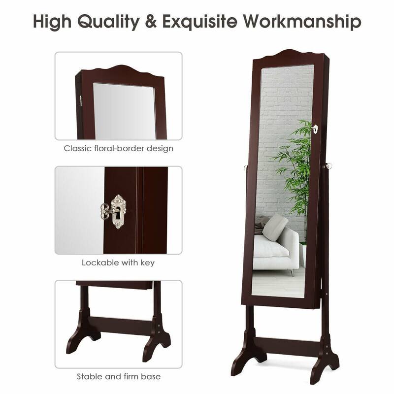 Gymax Mirrored Jewelry Cabinet Armoire Storage Organizer w/Drawer &