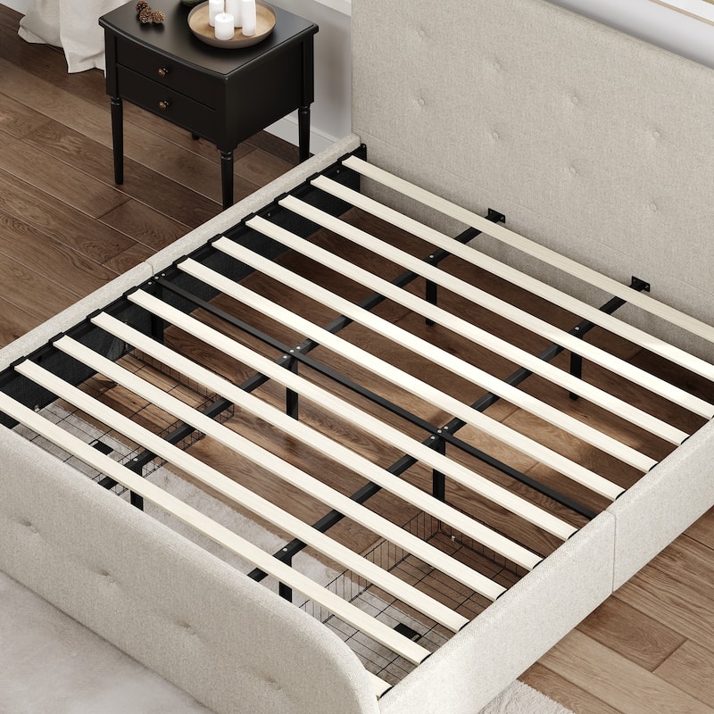 King Size Beige Linen Upholstered Platform Bed Tall Tufted Headboard & High Footboard Minimalist Storage Bed Frame w/Drawers