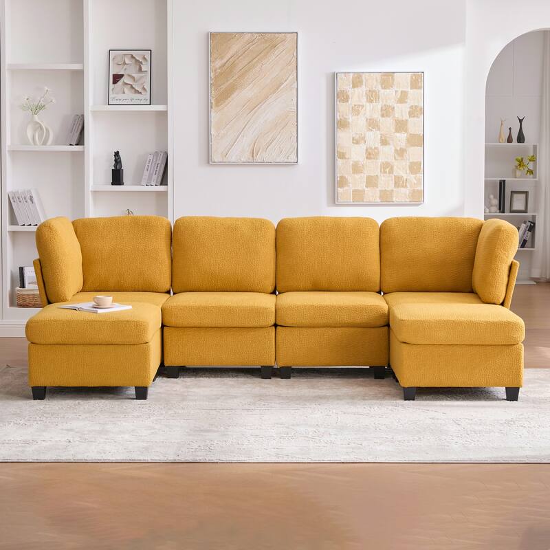 HOMEFUN 6-Seat Polyester Upholstered U-Shaped Modular Storage Sleeper Sectional Sofa with Storage Ottoman - Yellow