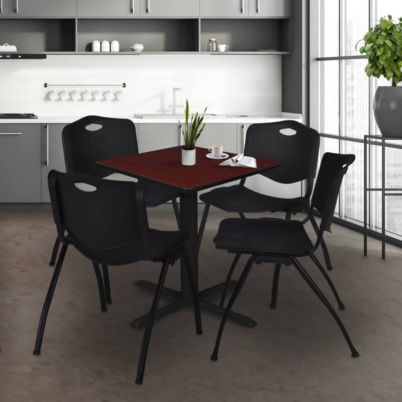30" Square Breakroom Table- Mahogany & 4 'M' Stack Chairs- Black - Black, Mahogany - 30