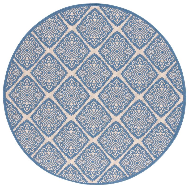 SAFAVIEH Beach House Rabia Indoor/ Outdoor Waterproof Patio Backyard - 6'7" x 6'7" Round - Cream/Blue - Round