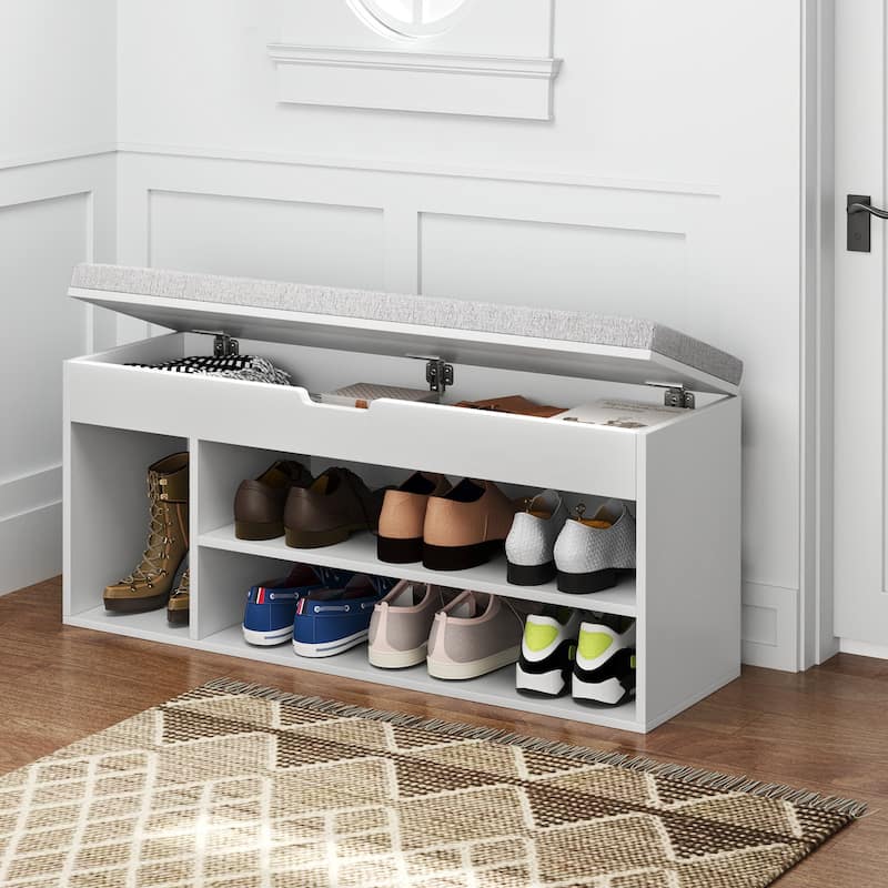 Engineered Wood Shoe Bench with Cushion and Storage Shelves - 41" x 12" x 20.5" (L x W x H)