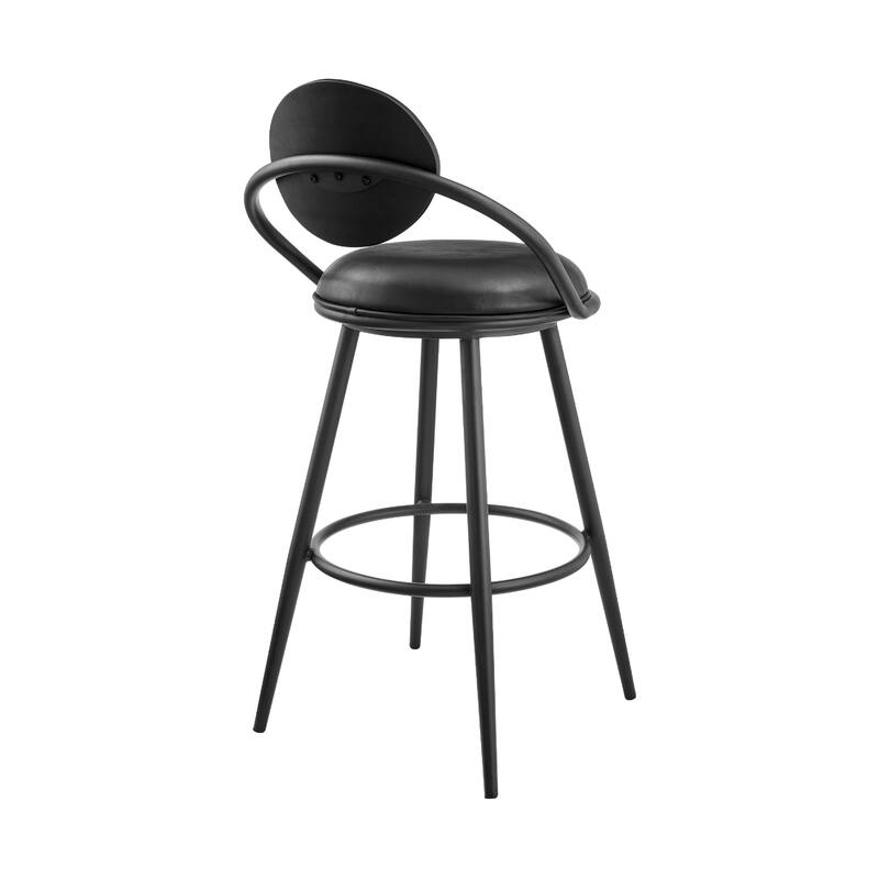 Carny Swivel Barstool Chair, Black Iron, Wood Back, Black Faux Leather