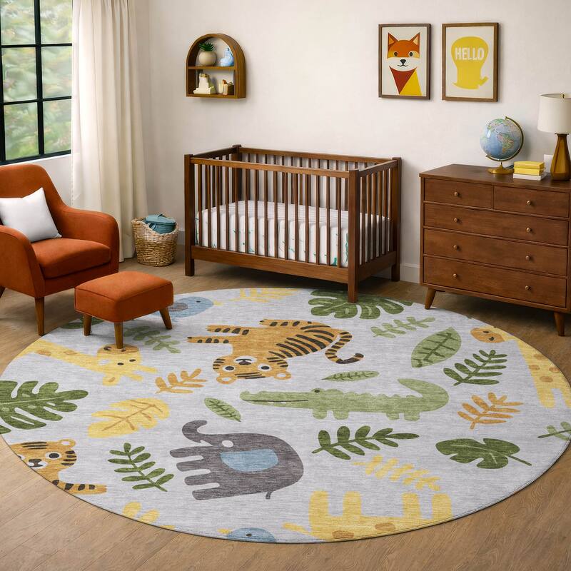 Machine Washable Indoor/ Outdoor Whimsy Safari Animals Chantille Rug
