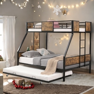 Twin Over FULL Metal Bunk Bed with Trundle 2 - Side Ladder and Full-Length Guardrail