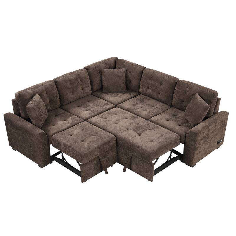 82.6" Velvet L-Shape 4-Seat Sectional Sleeper Sofa with USB Ports, Power Sockets and Wheels
