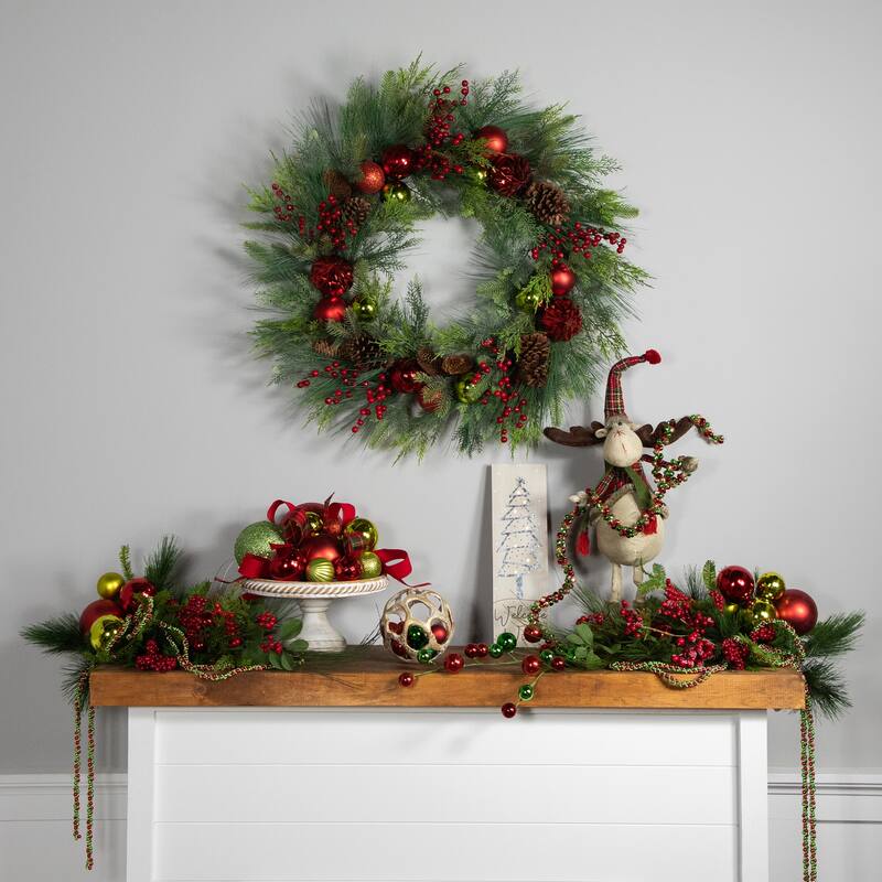 Berries Pinecones Ornaments Artificial Christmas Wreath 36" Unlit