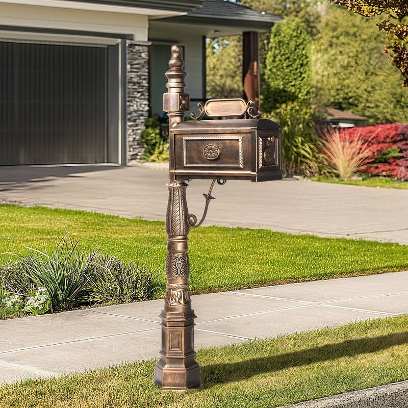 Decorative Large Mailbox with Post Antique Bronze Cast Aluminum