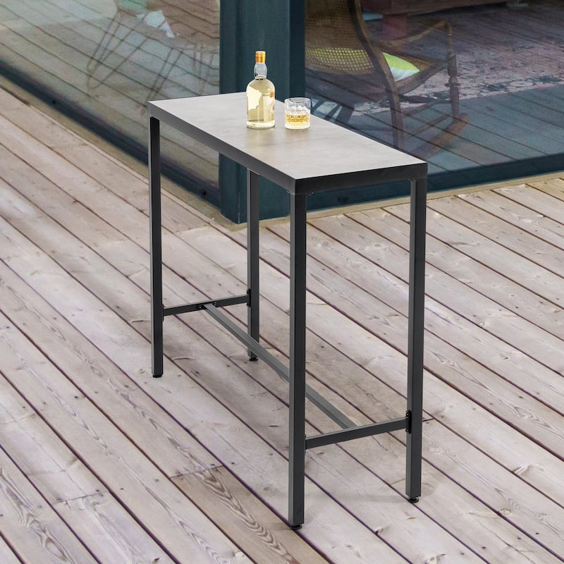 Outdoor Iron Rectangular Bar Table with 3D-Print Tempered Glass Tabletop, Black and Gray