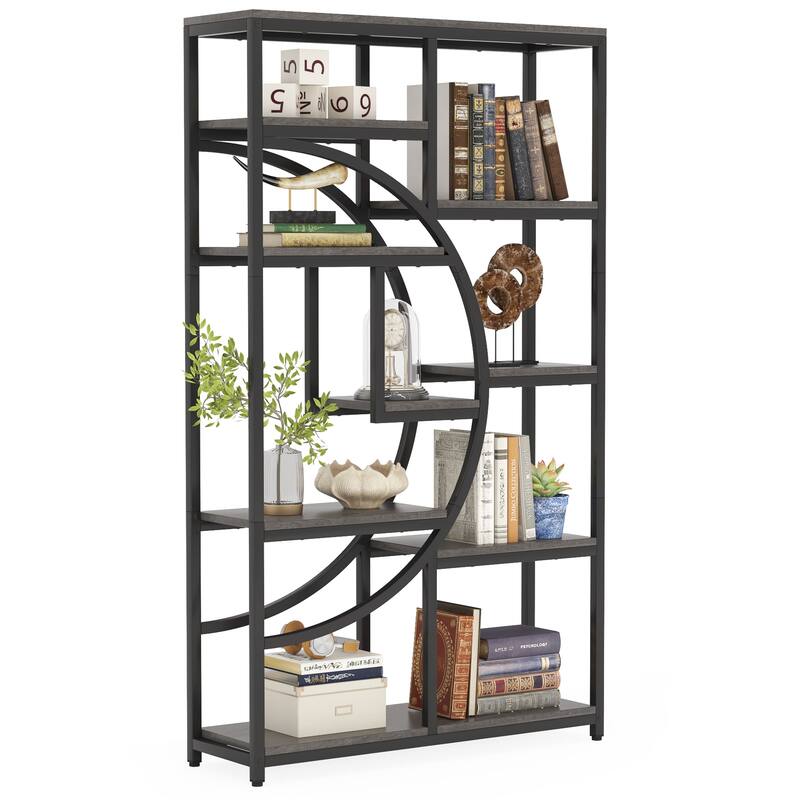 Industrial Etagere Bookcase with 8-Open Storage Shelf, Tall Geometric Book Shelves