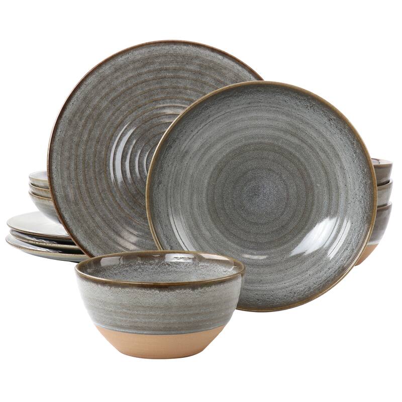 12 Piece Round Earthenware Dinnerware Set in Gray - Grey