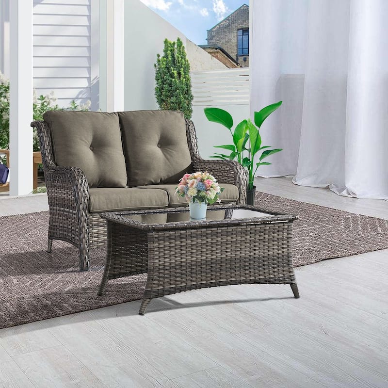 Gymojoy 2-Piece Outdoor Wicker Patio Furniture with Loveseat, Rattan Coversation Set with Water Resistant Thick Cushions - 2-Piece - Grey Wicker / Grey Cusion