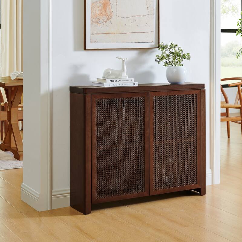39.4" Mid Century Modern Rattan Storage Sideboard Cabinet with 2 Outlet Holes