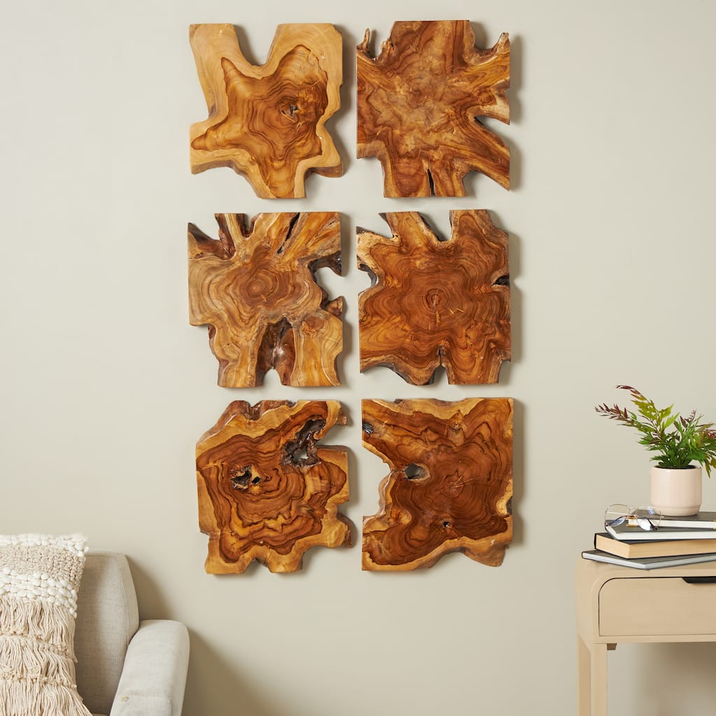 Brown Teak Wood Handmade Live Edge Wood Slab Abstract Home Wall Decor (Set of 6)