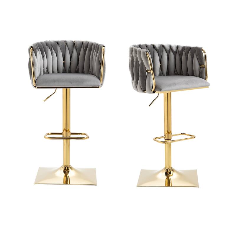 Vintage Velvet Bar Stools with Back and Footrest 2PC/SET,Adjusatble Seat Height from 25.6-32.68 Inch - Grey