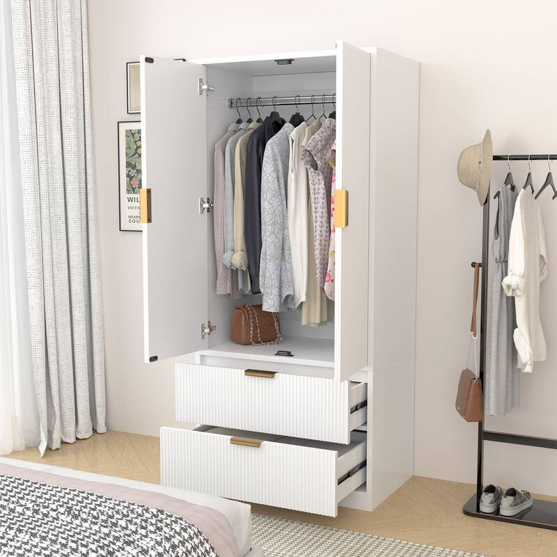 Meyreso Fluted Armoire Wardrobe Closet Storage Cabinet with 2 Doors & 2 Drawers - N/A