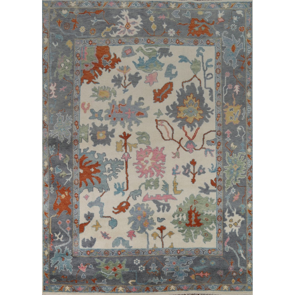 Beige / Ivory Floral Oushak Indian Area Rug Handmade Wool Carpet - 7'10" x 9'11"