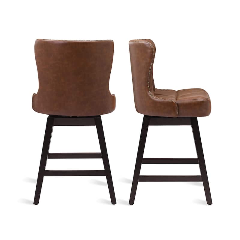26 in. Mid-Century Modern Wood Frame Swivel Bar Stools with Faux Leather and Linen Upholstered Seat（Set of 4）