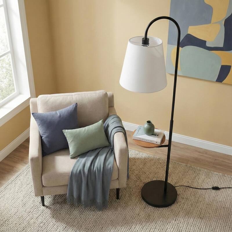 Linda Black Floor Lamp with Built-in Wooden Shelf and Fabric Shade