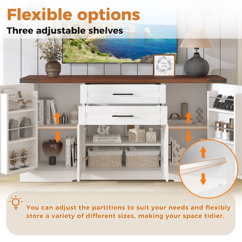 63" Barn Door Storage Cabinet with 2 Drawers & Door Rack, Large Buffet Table Coffee Bar Cabinets with Adjustable Shelves