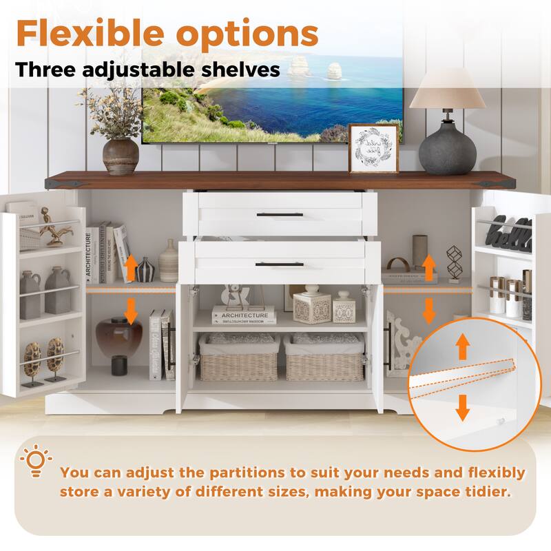 63"Barn Door Storage Cabinet with 2 Drawers & Door Rack, Large Buffet Table Coffee Bar Cabinets with Adjustable Shelves