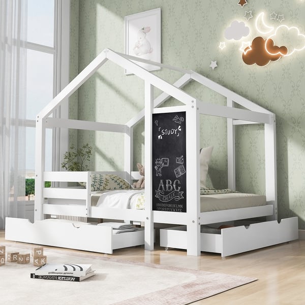 slide 2 of 12, Nordic Creative Full Size House Bed with Blackboard and Drawers White