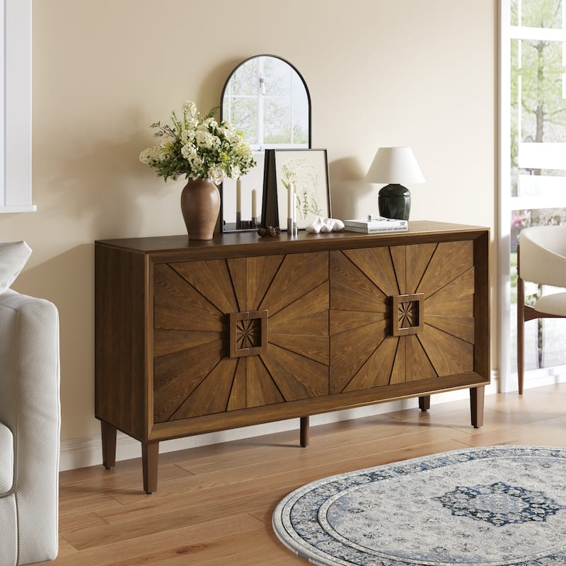 GDFStudio - Sunridge Farmhouse Rustic Wooden Credenza Storage Cabinet with Sunburst Doors - Antique brown