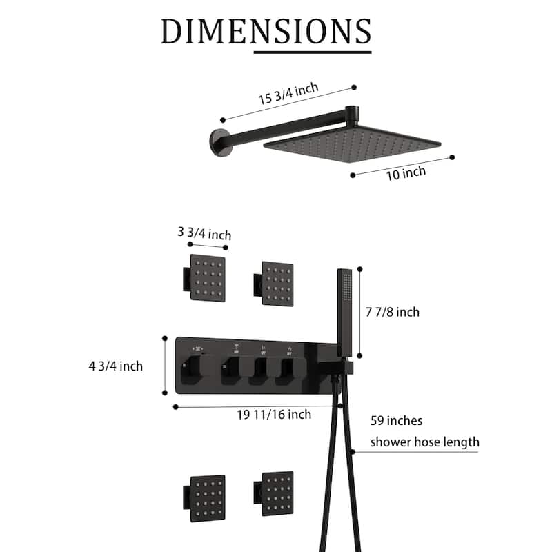Thermostatic Shower System with 10" Ultra-Thin Square Shower Head,Body Jets And Hand Shower