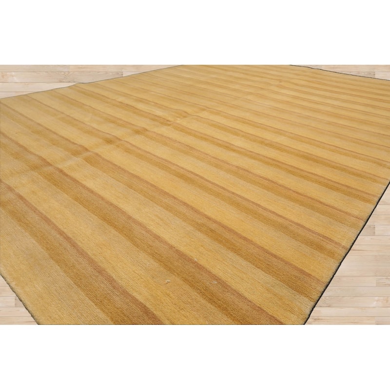 Hand Knotted Tibetan Gold, Tan Striped Wool Modern Oriental Area Rug - 6' x 8' 11''