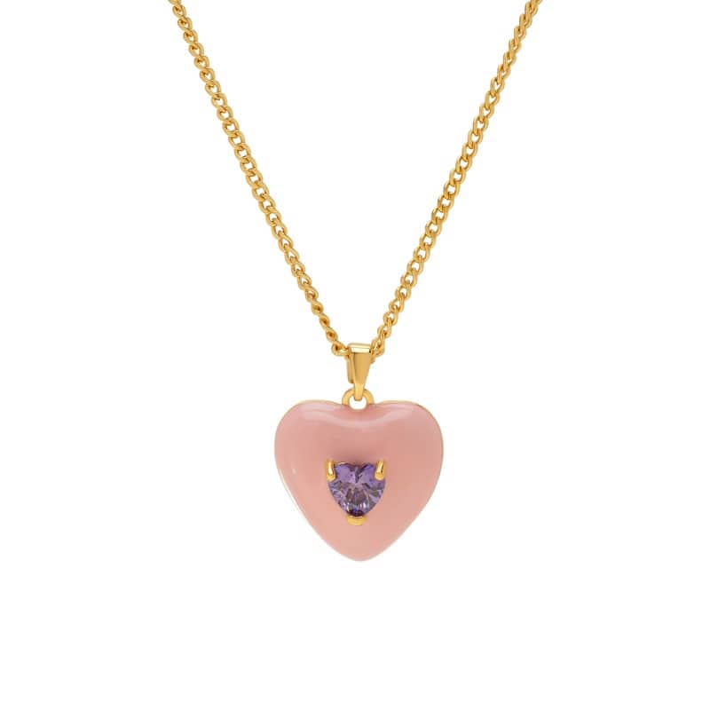 Victoria Townsend Gold Plated Amethyst Cubic Zirconia & Pink Enamel Heart Pendant