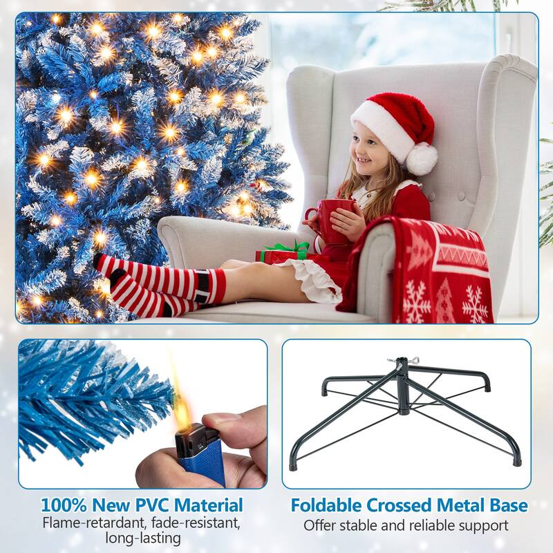 Gymax Pre-Lit Artificial Christmas Tree Blue Hinged Xmas Tree w/