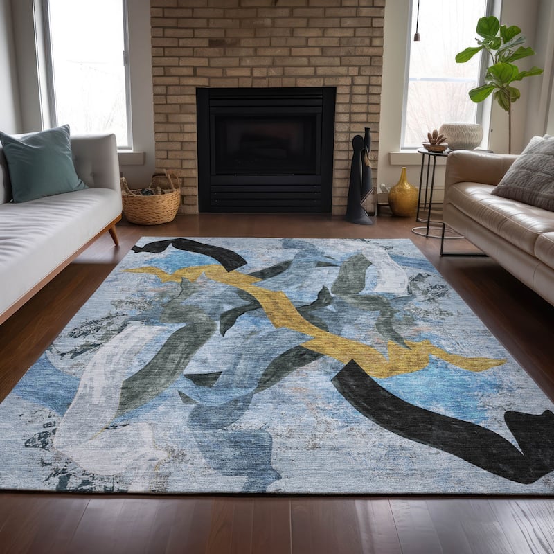 Machine Washable Indoor/Outdoor Contemporary Brushstrokes Chantille Rug