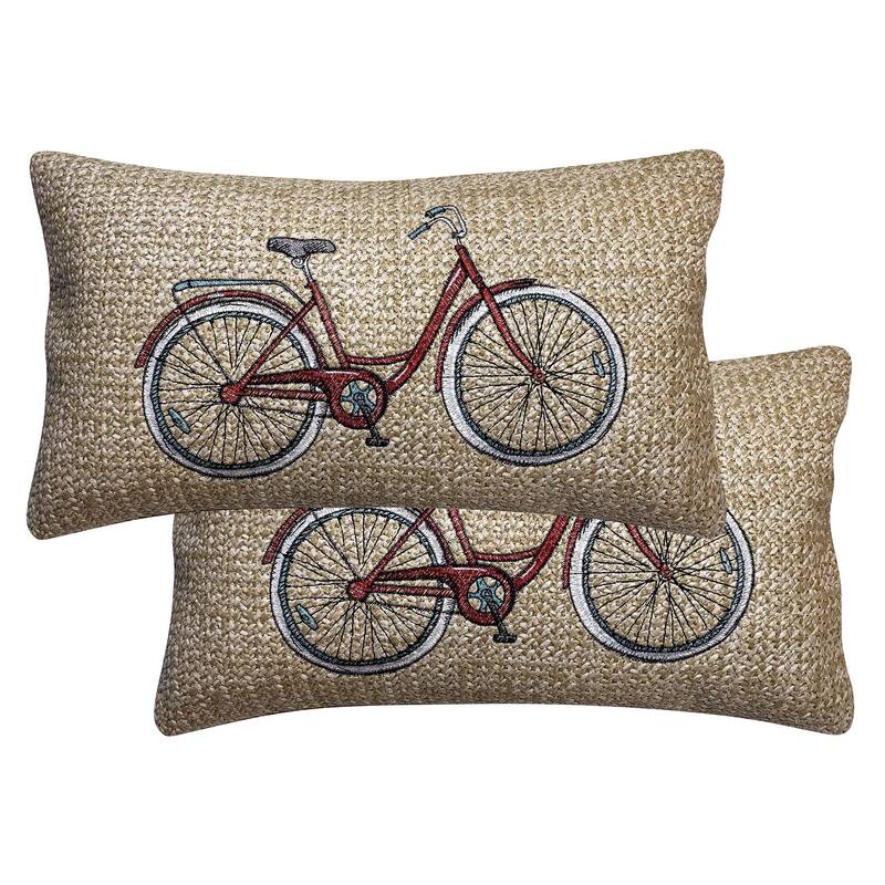 Raffia Bicycle Red Outdoor Lumbar Toss Pillow (2-Pack)