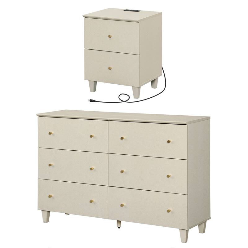 Bedroom 6-Drawer Wood Dresser and Charging Nightstand Set - Beige - 2 Piece