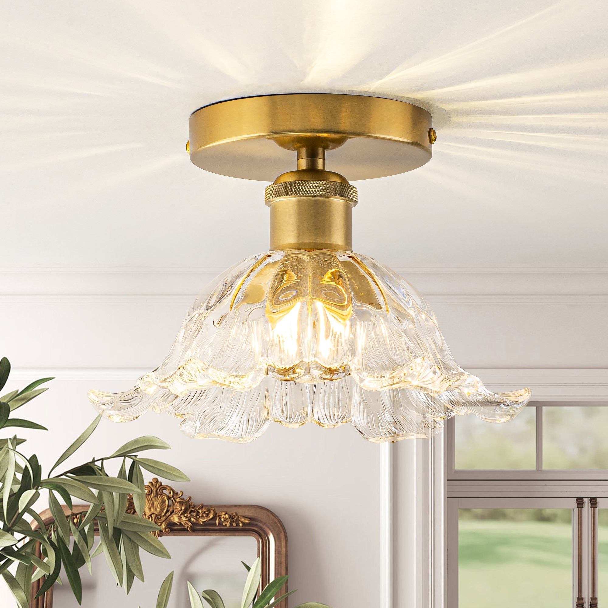 8.7" 1-Light Modern Elegant Flower-Shaped Clear Glass Semi-Flush Mount Ceiling Light in Antique Brass