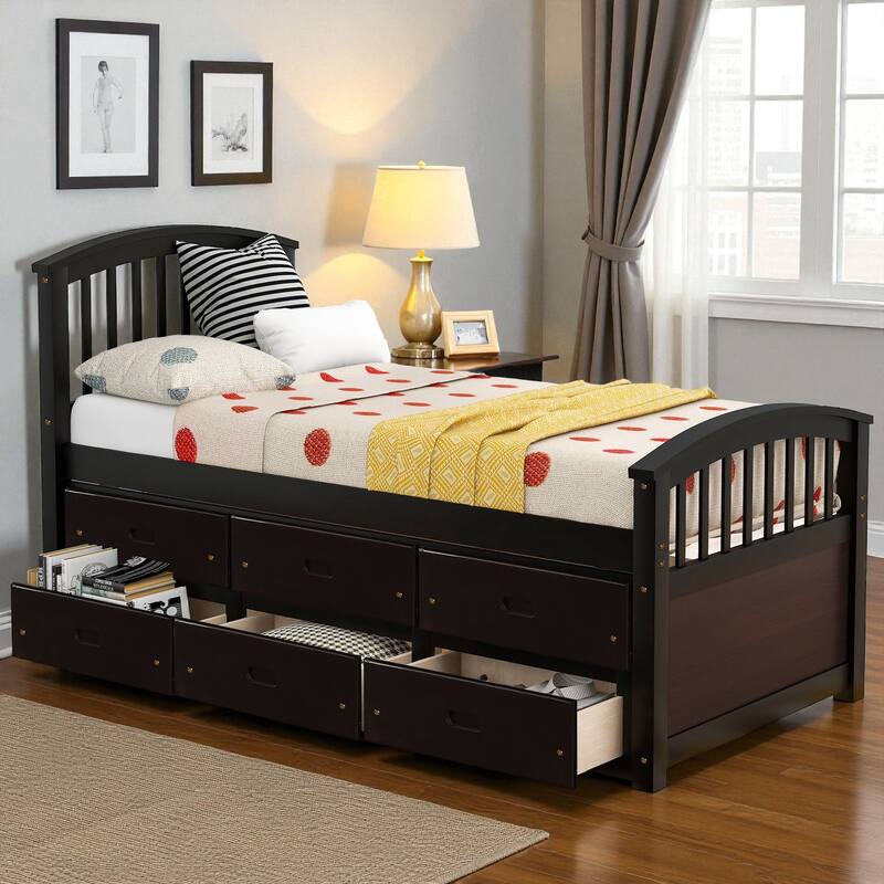 Twin Size Solid Wood Platform Bed with 6 Storage Drawers, Pine Wood Frame with Slats, No Box Spring Needed