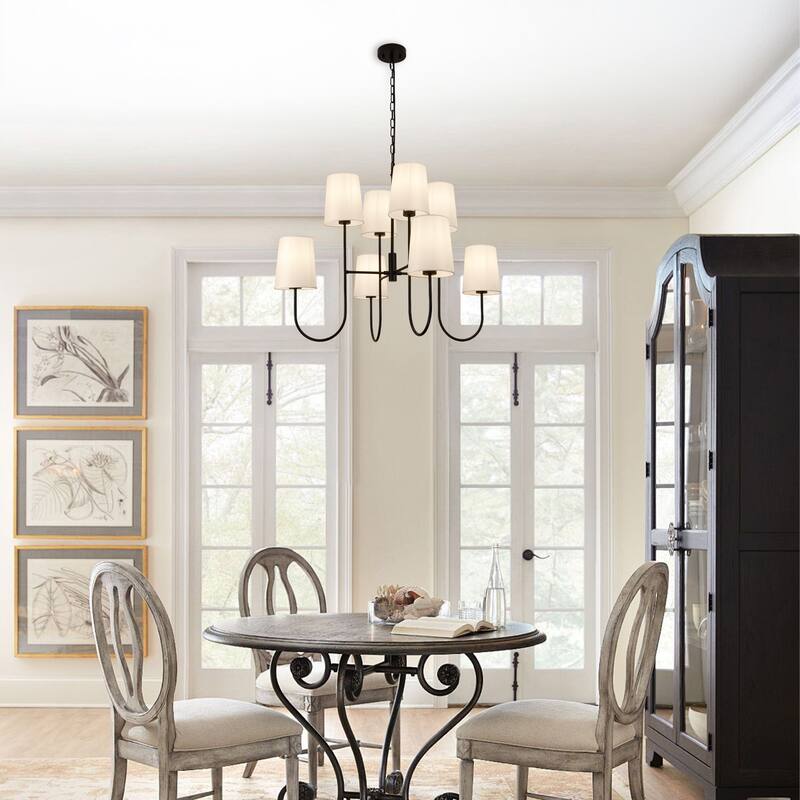 Modern 8 Light Chandelier with White Fabric Shades, Black Metal Frame, Mid Century Contemporary Ceiling Light - Matte Black