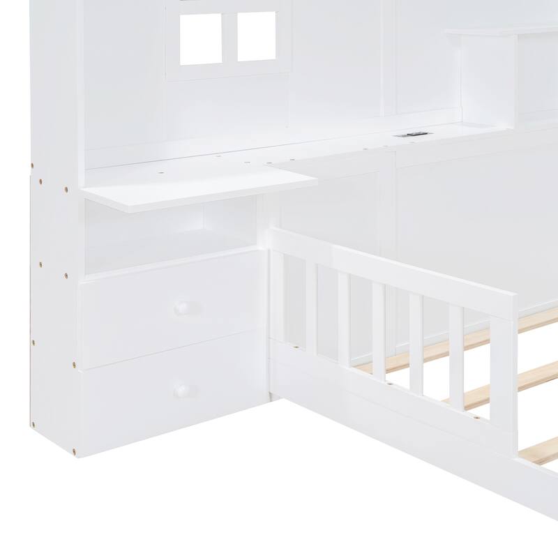 Full Size House Platform Bed with Window and Bedside Drawers, Shelves and A Set of Sockets and Usb Port