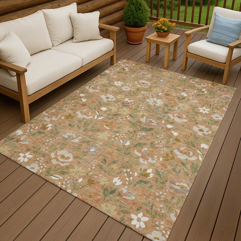 Machine Washable Indoor/ Outdoor Floral Garden Chantille Rug - Copper - 10' x 14'