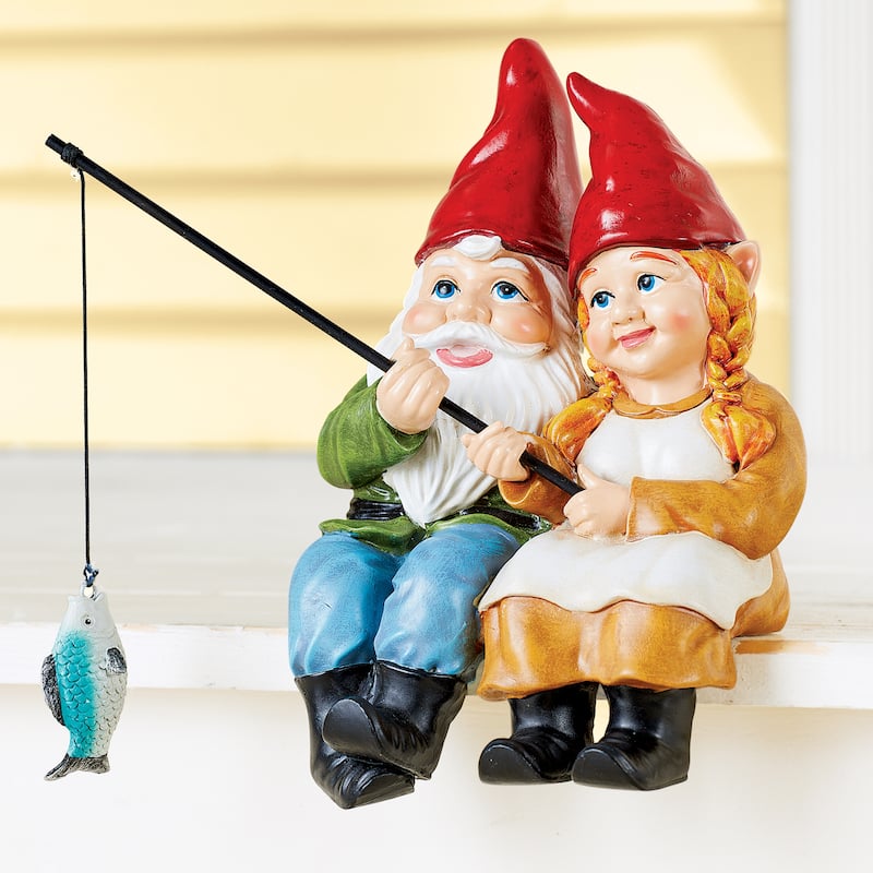 Hand-Painted Adorable Fishing Gnome Couple Statue - 6 x 8.75 x 4.75 - Red - 6 x 8.75 x 4.75 - Resin