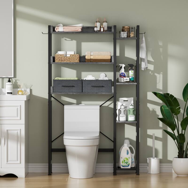 31'' W Over the Toilet Storage Shelf with 2 Drawers and 4 Hooks for Restroom and Laundry - Grey Oak