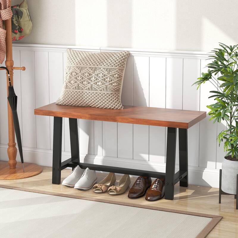 Walnut and Black Entryway Bench with Thick MDF Seat and Metal Frame for Living Room or Foyer