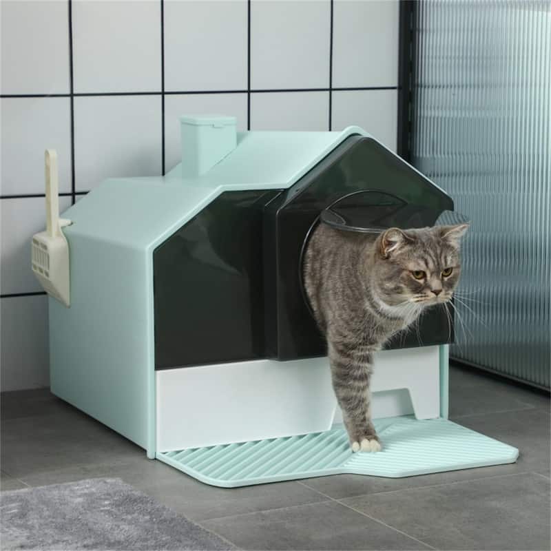 Cat Litter Box with Adorable House Design - 18.5"L x 17.75" W x 16.5" H - Light-Blue-Green-White