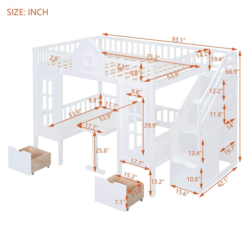 Full Size Wooden Loft Bunk Bed with Table, Seats, and Storage Shelves