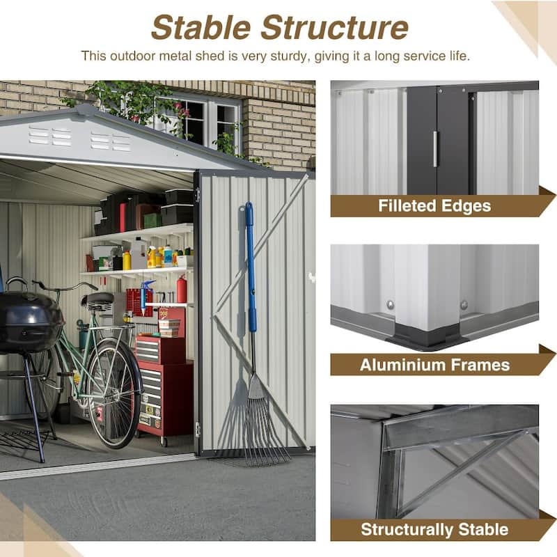 8 x 6 FT Outdoor Storage Shed, All Weather Metal Tool Shed