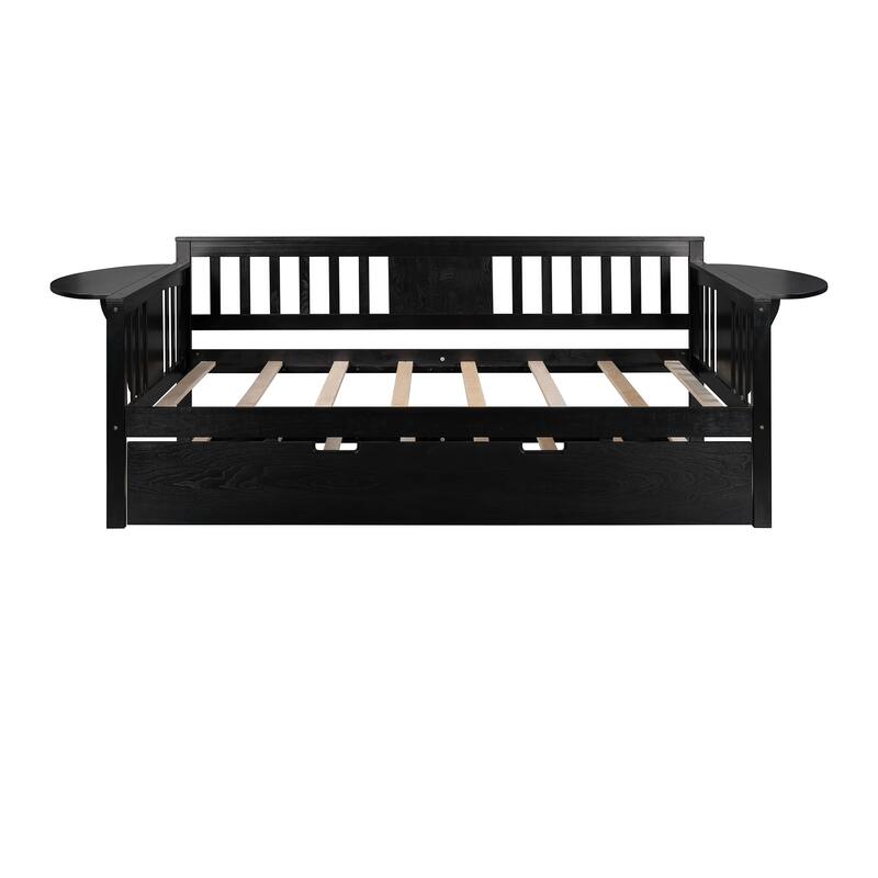 Wooden Daybed with Trundle Bed & Slatted Support, Dual-Use Sturdy Sofa Bed for Bedroom or Living Room